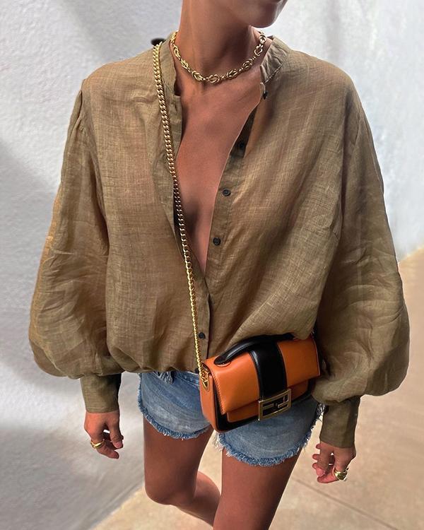 Solid Color Puff Sleeve Loose Casual Shirt