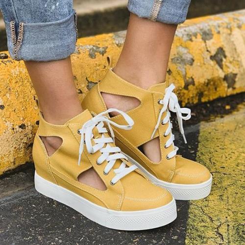 Fashion Hollow Lace-Up Canvas Platform Casual Sneakers