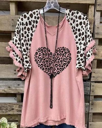 Cotton-Blend Leopard-Print Casual Short Sleeve Shirts & Tops