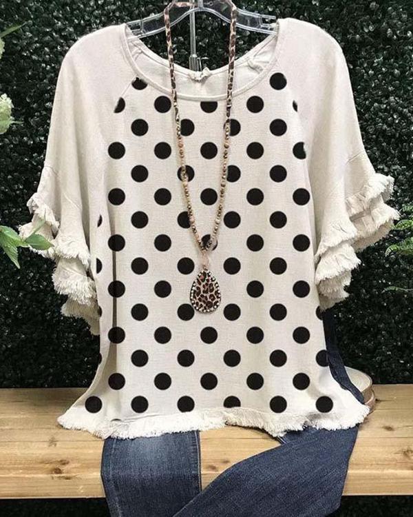 Polka Dots Casual Cotton-Blend Short Sleeve Shirts & Tops