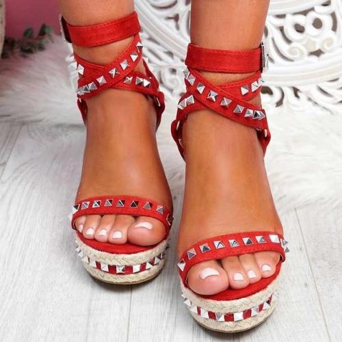 Women's Red Wedge Rock Studs Sandals