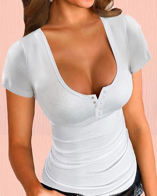Sexy U-neck Casual Short Sleeve Shirts & Tops