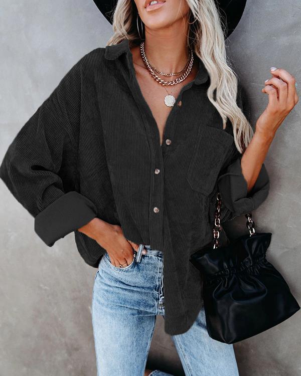 Women's Casual Solid Color Rib Blouse with Pocket