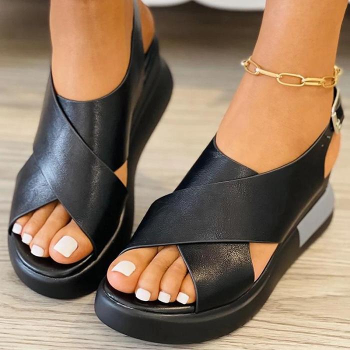 Women Casual Comfotable Pu Color-Blocking Wedge Heel Sandals