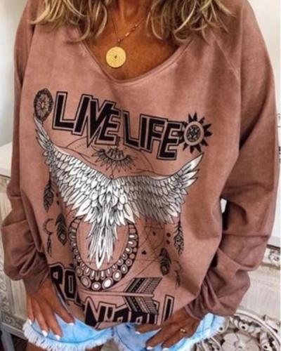Fashion Round Neck Letter Wings Long-sleeved Printed T-shirt