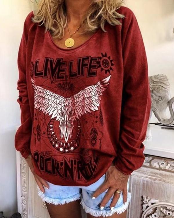 Fashion Round Neck Letter Wings Long-sleeved Printed T-shirt