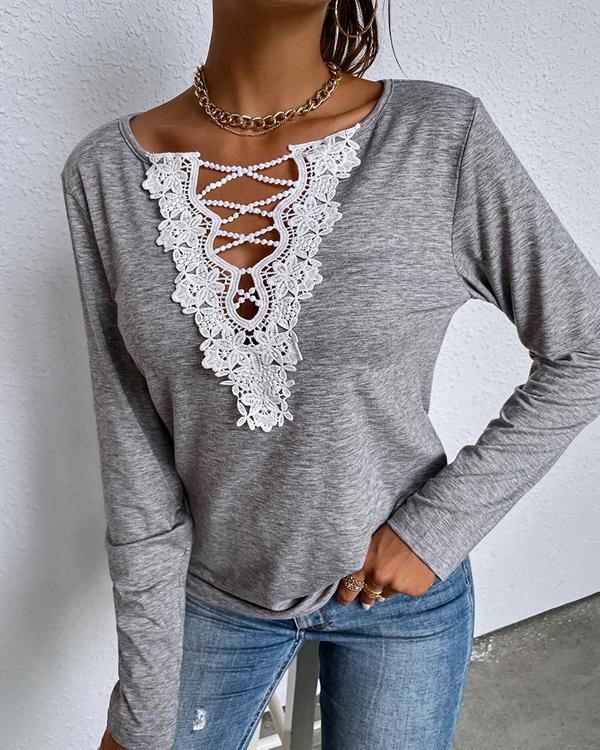 Casual Lace Long-sleeve Tops