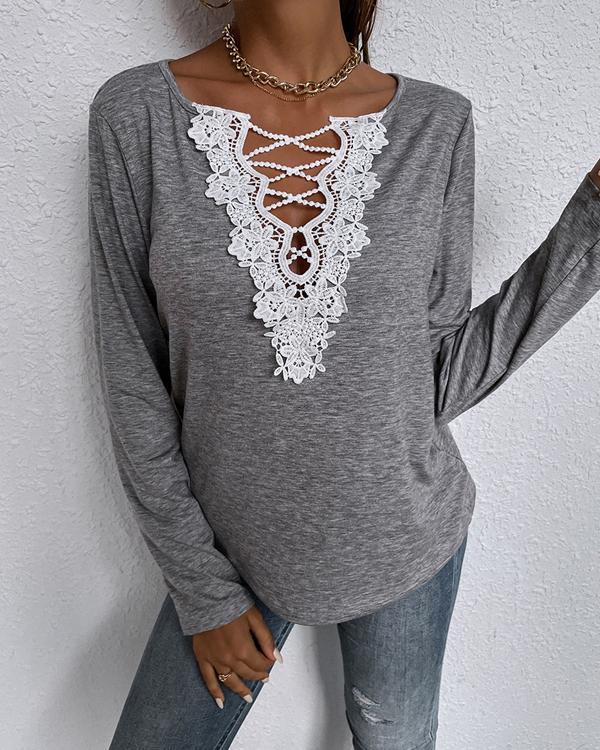 Casual Lace Long-sleeve Tops