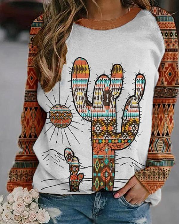 Women's Western Ethnic Cactus Print Sweatshirt