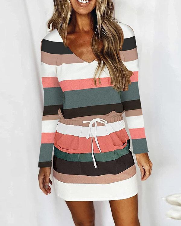 Casual V Neck Long Sleeve Stripe Mini Dress with Drawstring & Pockets