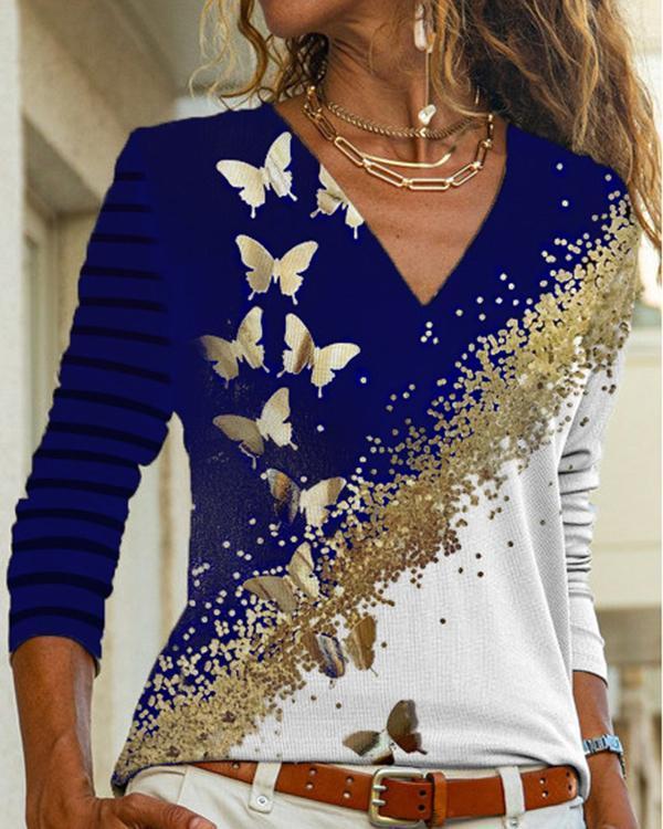 Casual Butterfly Print Women V Neck Blouses Tops