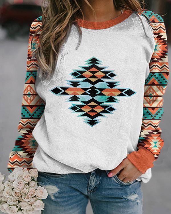 Casual Western Ethnic Aztec Print Orange Sweatshirt
