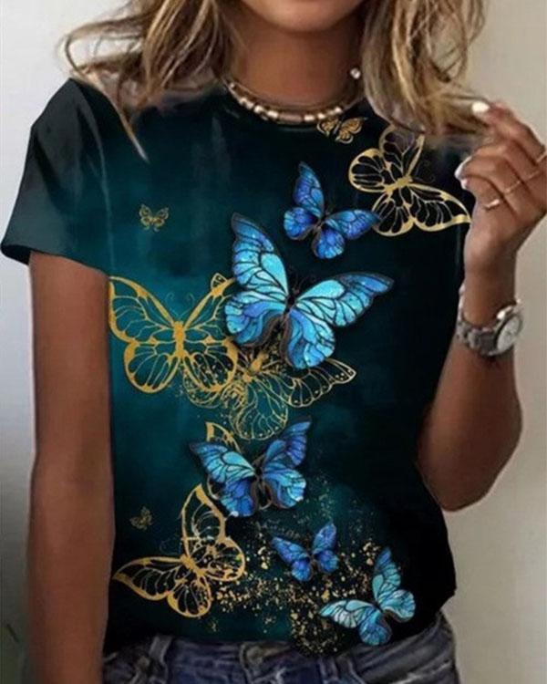 NEW! Butterfly Print Round Neck Short Sleeves T-shirts