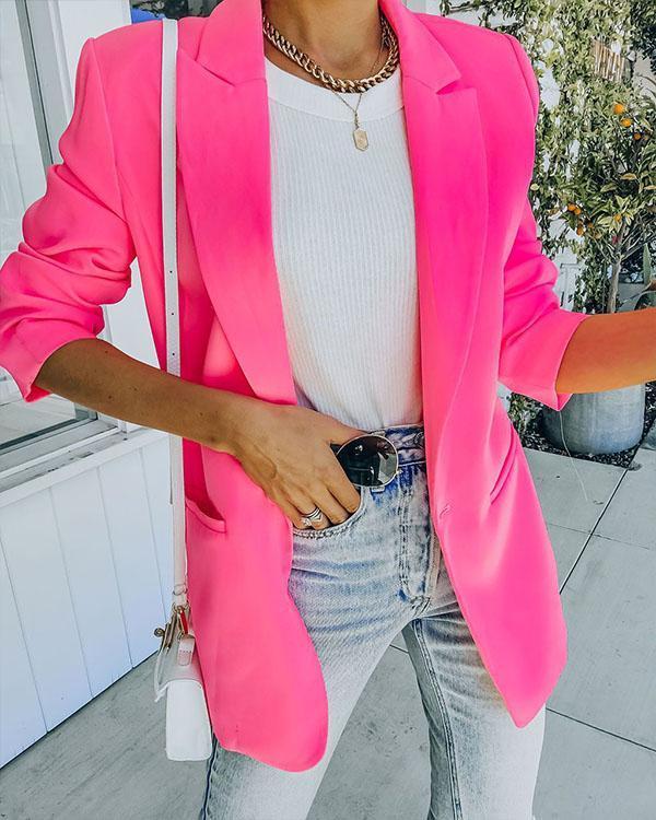 Candy Color Lapel Solid Classy Office Suit Women Pocket Blazer