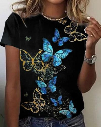 NEW! Butterfly Print Round Neck Short Sleeves T-shirts