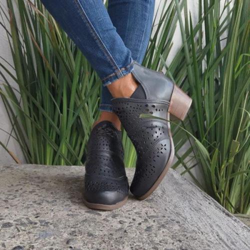 Women's Retro Cut-out Low Heel Ankle Boots