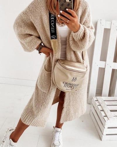 V-Neckline Solid Casual Loose Long Sweater Coats Pockets Sweaters