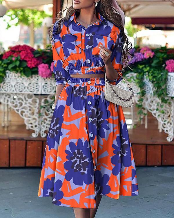 Printed Button Pocket Blouse And Skirt Suit