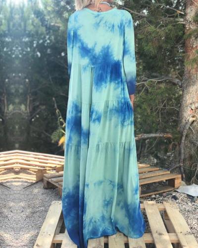 Printed And Dyed Lapel Long-sleeved Dress