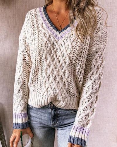 Women V Neck Vintage 70s Crochet Knit Sweater