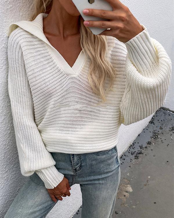 Casual Lantern-sleeve Knitting V Neck Solid Sweater