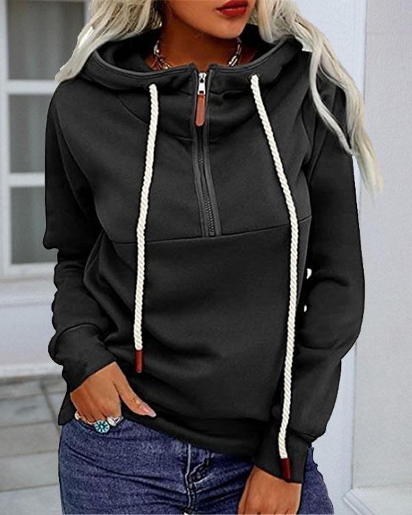 Women Pure Color Drawstring Zipper Hoodies Sweatshirt