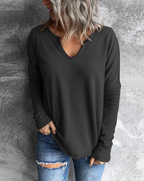 Stitching V-neck Long-sleeved Sweatshirt Solid Casual Tops