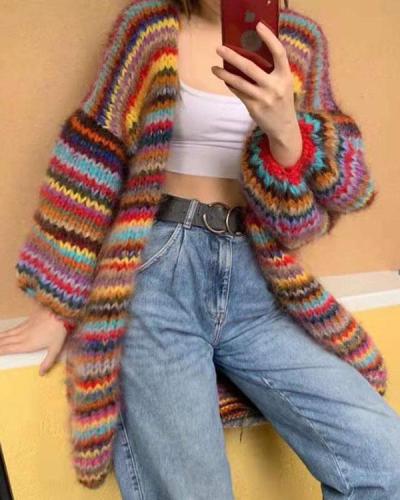 Mohair Stripe Cardigan Winter Oversize Coat Chunky Knit Outerwear