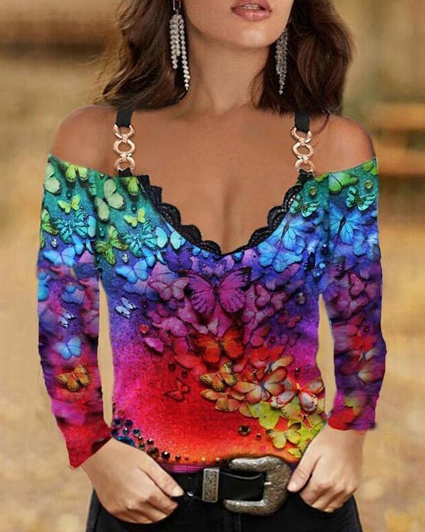 Fashion Cold Shoulder Butterfly Long-sleeved Top