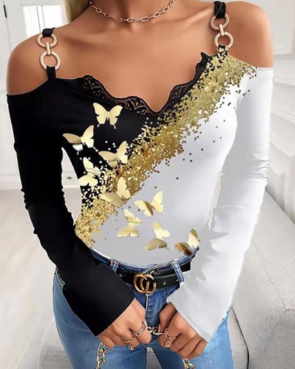 Sexy V-neck butterfly Print Off-Shoulder Strap Long-sleeved Top