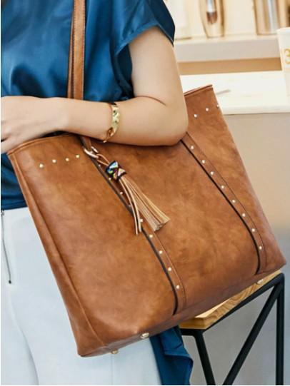 Vintage Tassel Decor Strengthen Shoulder Strap Tote Shoulder Bag With Zipper Pocket