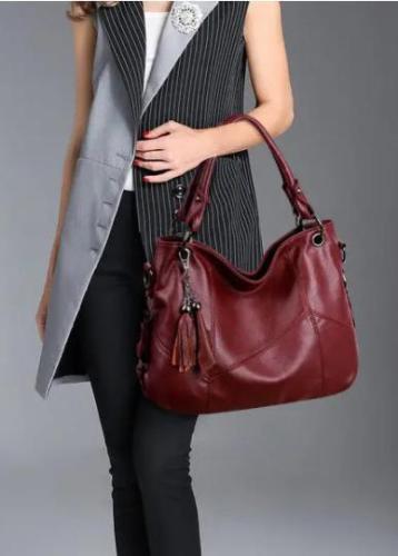 Genuine Leather Tassel Pendant Plaid Handbag Crossbody Bag For Women