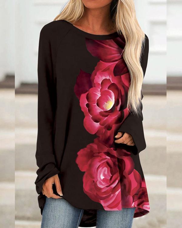 Floral Print Fall Round Neck Casual Long Sleeve Tops