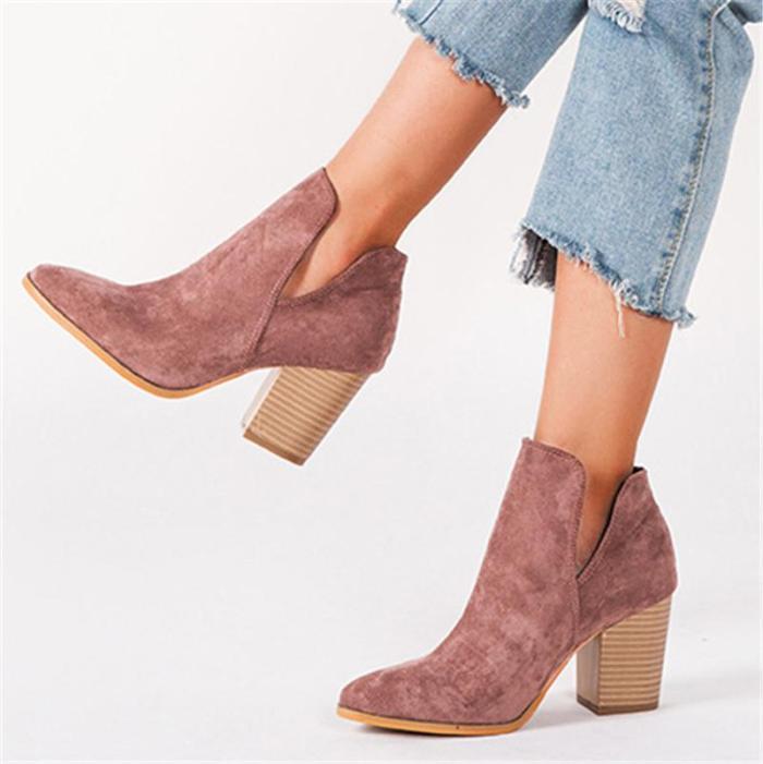 Women's Suede Chunky Heel Closed Toe Boots Booties Winter Boots