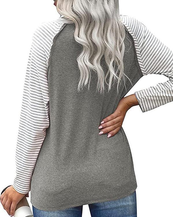 Color Block Striped High Neck Long Sleeves T-shirts