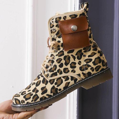 Women's Suede Flat Heel Boots Ankle Boots With Rivet Animal Print Lace shoes