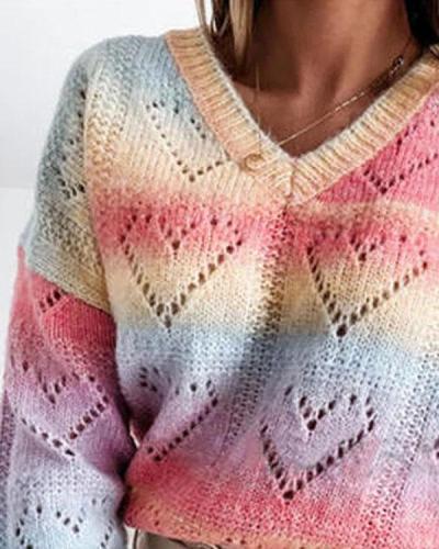 Tie Dye Sweetheart Pattern Crochet V-Neck Pullover Knit Sweater