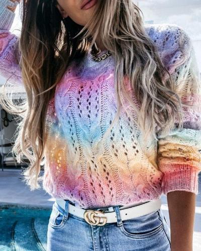 Tie Dye Pattern Crochet Round-Neck Pullover Knit Sweater