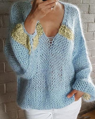 Casual V-Neck Gold Silk Knitted Sweater
