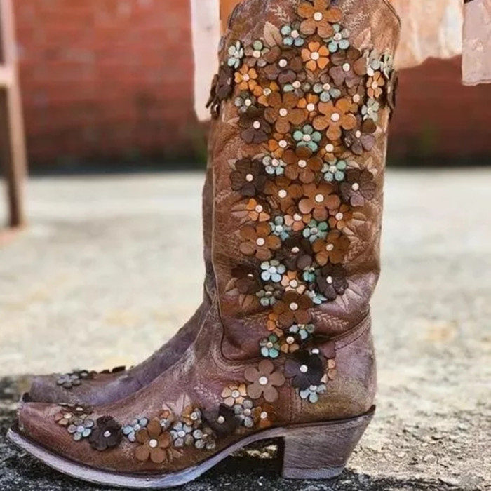 Vintage Crystals Flower Cowgirl Boots