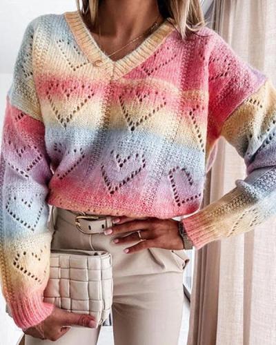 Tie Dye Sweetheart Pattern Crochet V-Neck Pullover Knit Sweater