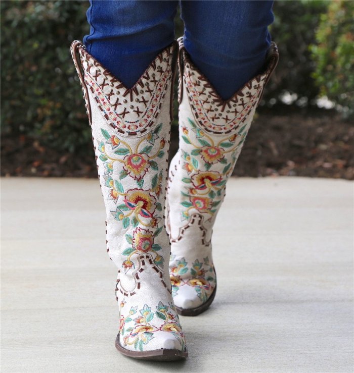 Square Toe Slip-On Floral Chunky Heel Casual Boots