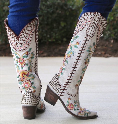 Square Toe Slip-On Floral Chunky Heel Casual Boots