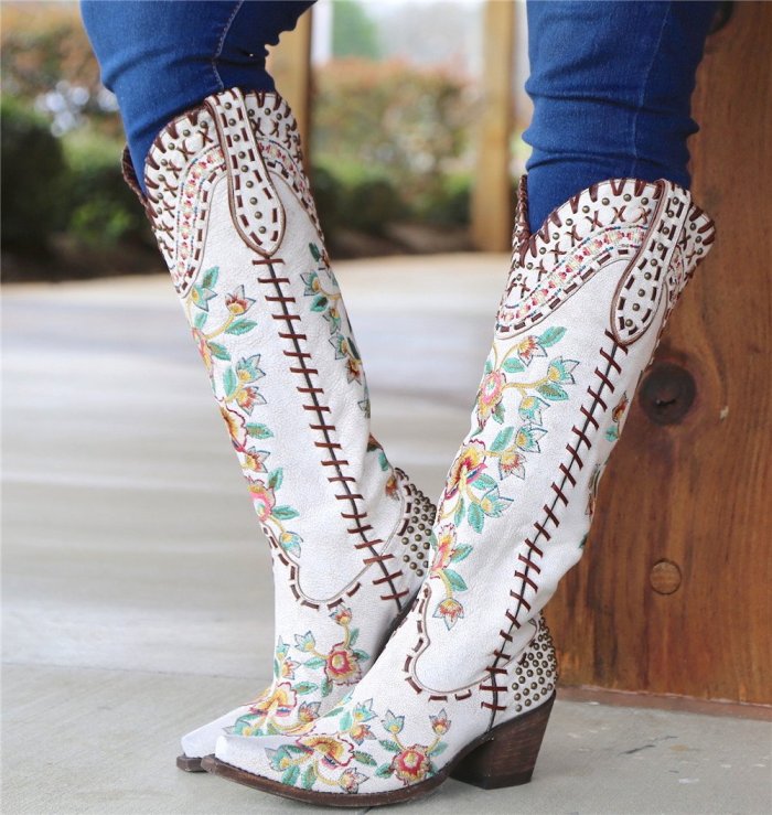 Square Toe Slip-On Floral Chunky Heel Casual Boots