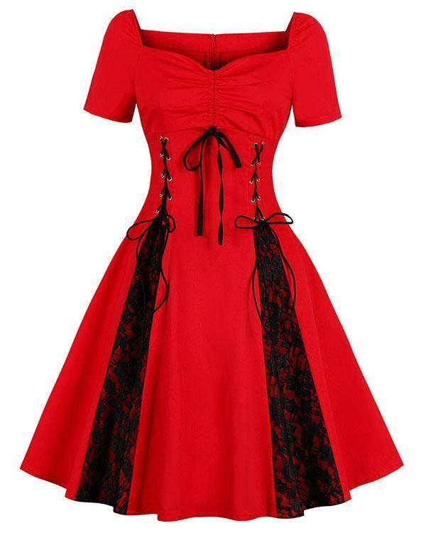 Vintage Gothic Contrast Pleated Dress Lace up Fit & Flare Dress