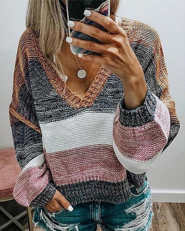 Casual V-Neck Stripe Color Block Sweaters