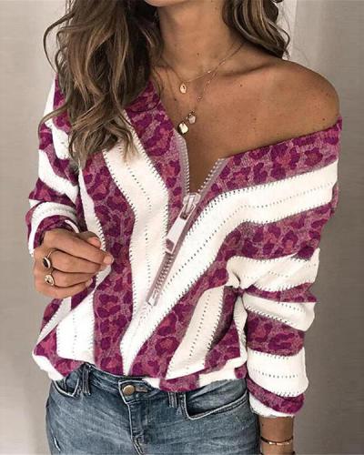 Round Neckline Leopard Casual Loose Regular Zipper Sweaters