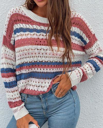 Hollow Round Neck Striped Sweater