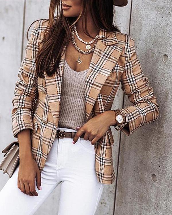 Double-Breasted Long Sleeve Notched Lapel Plaid Standard Women's Casual Blazer