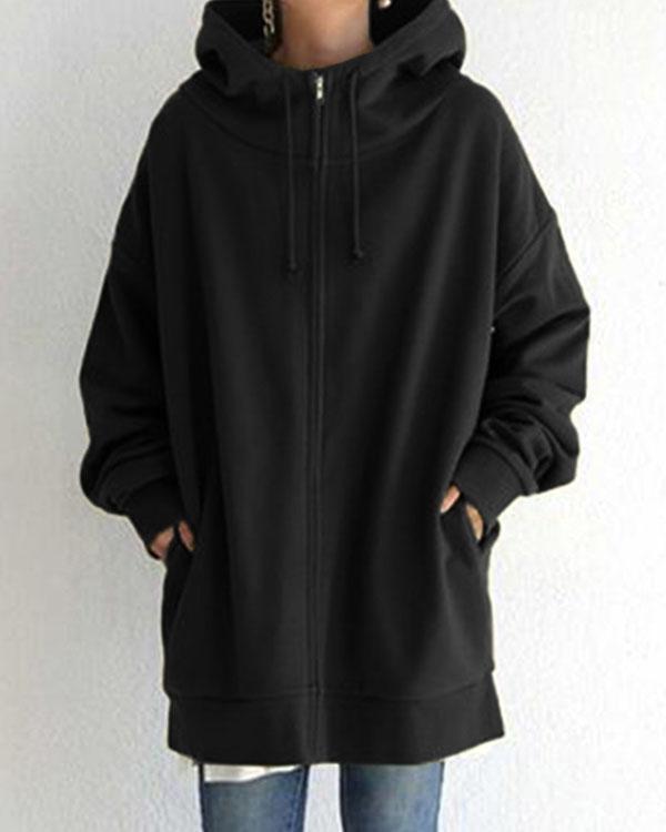 Personalized Street Style Zipper Fleece Lining Drawstring Hooded Sweatshirt